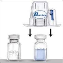 Turn the package over. Press straight down to fully insert the clear plastic spike through the diluent vial stopper
