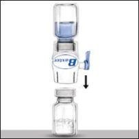 Turn the system over, so that the diluent vial is on top. Quickly insert the white plastic spike fully into the ADVATE vial stopper by pushing straight down. The vacuum will draw the diluent into the ADVATE vial.