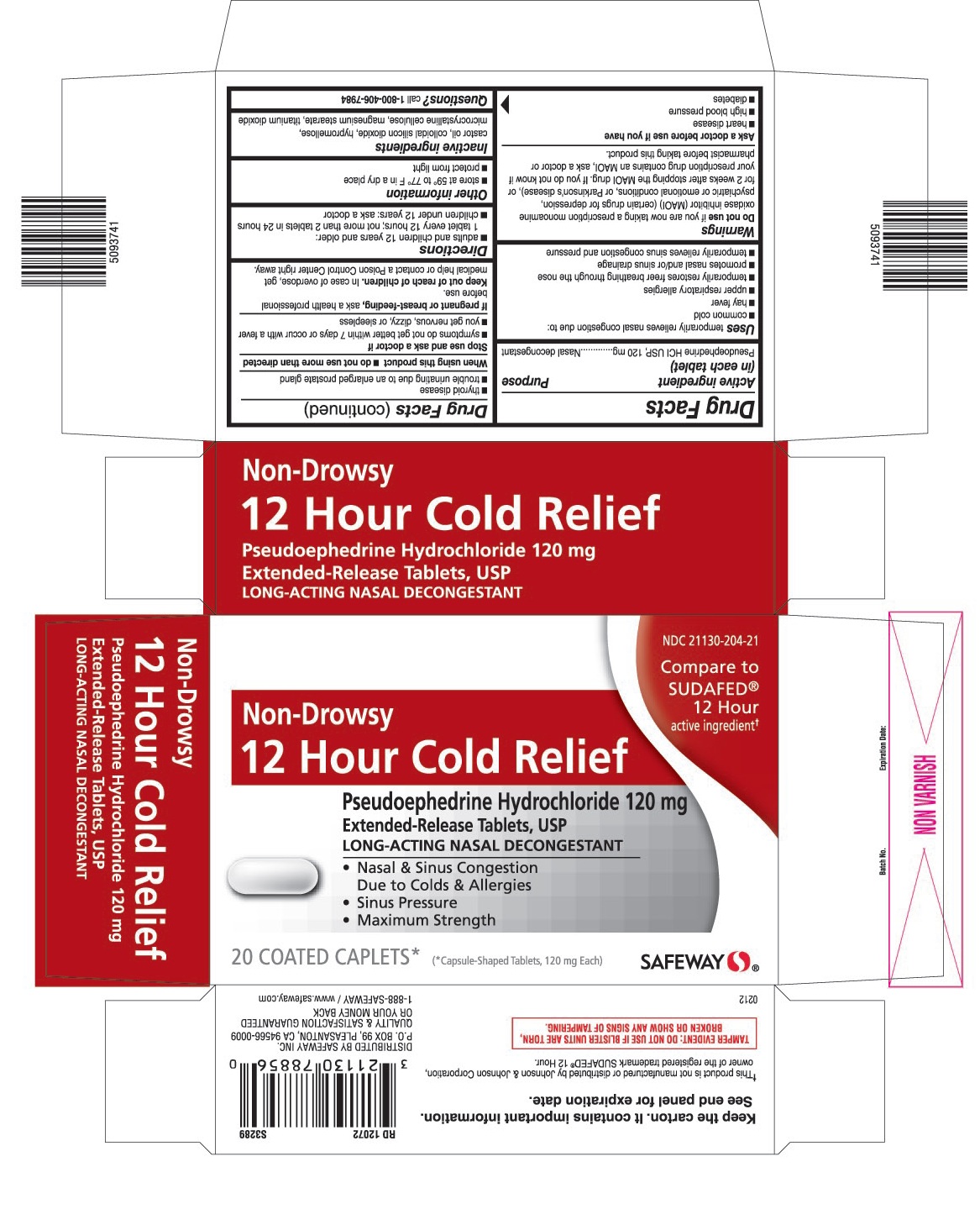 This is the 20 count blister carton label for Safeway Pseudoephedrine HCl 120 mg extended release tablets, USP.