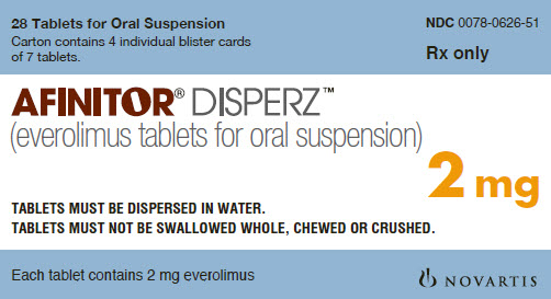 PRINCIPAL DISPLAY PANEL
Package Label – 2 mg
Rx Only		NDC 0078-0626-51
Afinitor® DISPERZ (everolimus tablets for oral suspension)
TABLETS MUST BE DISPERSED IN WATER.
TABLETS MUST NOT BE SWALLOWED WHOLE, CHEWED OR CRUSHED.
28 Tablets