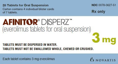 PRINCIPAL DISPLAY PANEL
Package Label – 3 mg
Rx Only		NDC 0078-0627-51
Afinitor® DISPERZ (everolimus tablets for oral suspension)
TABLETS MUST BE DISPERSED IN WATER.
TABLETS MUST NOT BE SWALLOWED WHOLE, CHEWED OR CRUSHED.
28 Tablets