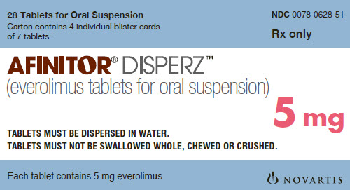PRINCIPAL DISPLAY PANEL
Package Label – 5 mg
Rx Only		NDC 0078-0628-51
Afinitor® DISPERZ (everolimus tablets for oral suspension)
TABLETS MUST BE DISPERSED IN WATER.
TABLETS MUST NOT BE SWALLOWED WHOLE, CHEWED OR CRUSHED.
28 Tablets