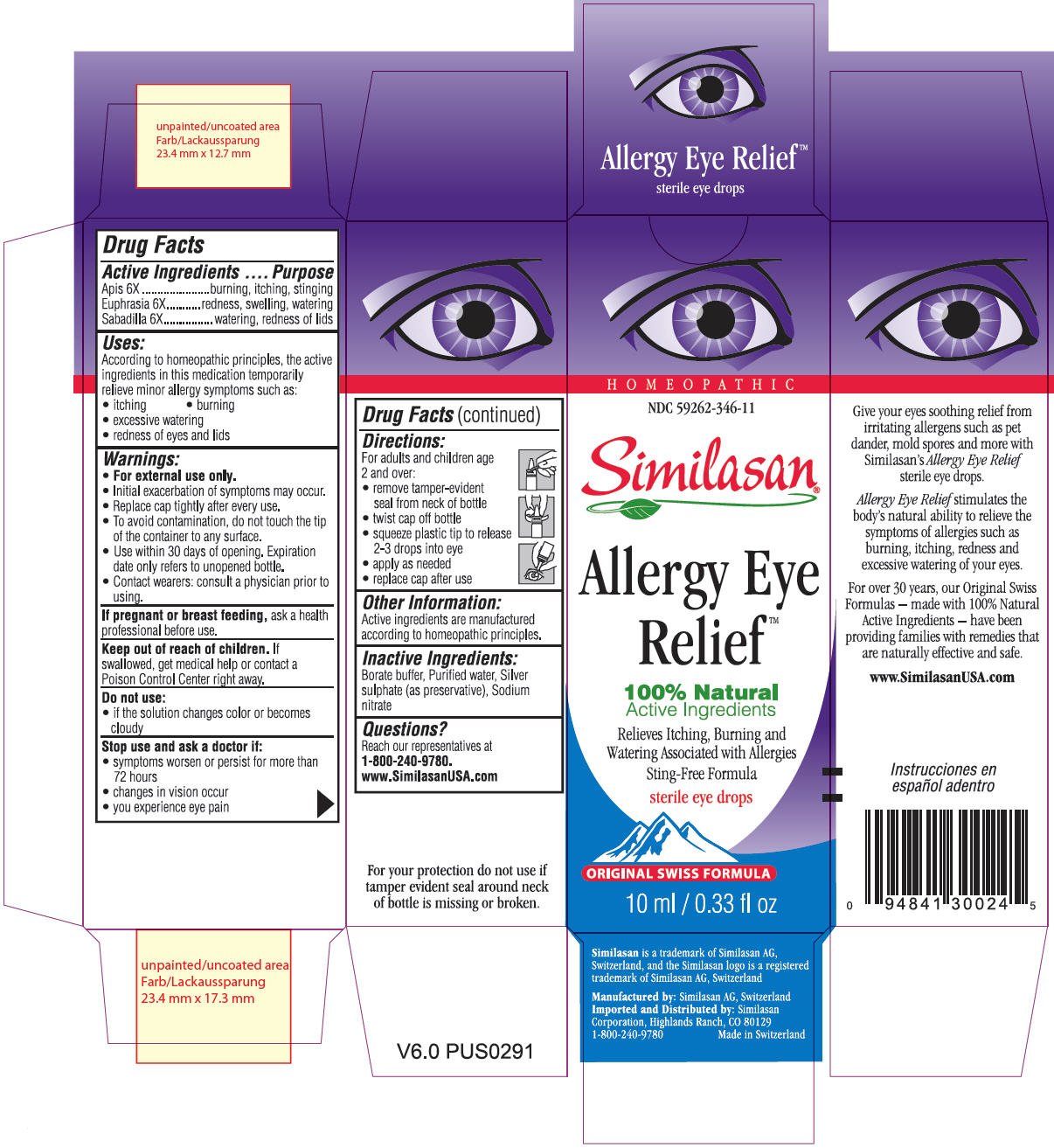 NDC 59262-346-11 Similasan® Allergy Eye ReliefTM 100% Natural Active Ingredients sterile eye drops 10 ml/ 0.33 fl oz