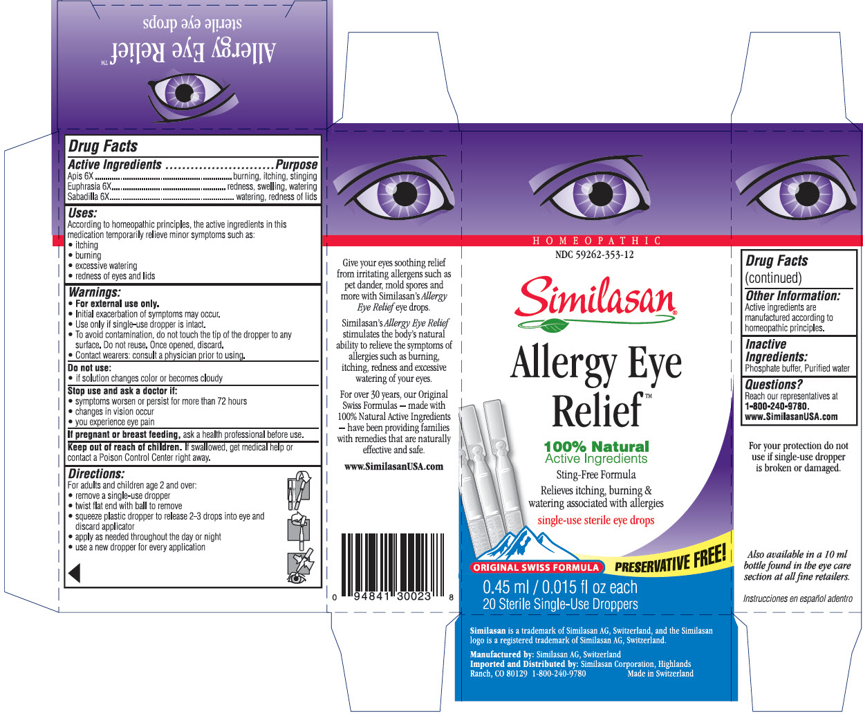 HOMEOPATHIC NDC 59262-353-12 Similasan Allergy Eye ReliefTM single-use sterile eye drops 0.45 ml 20 Sterile Single-Use Droppers