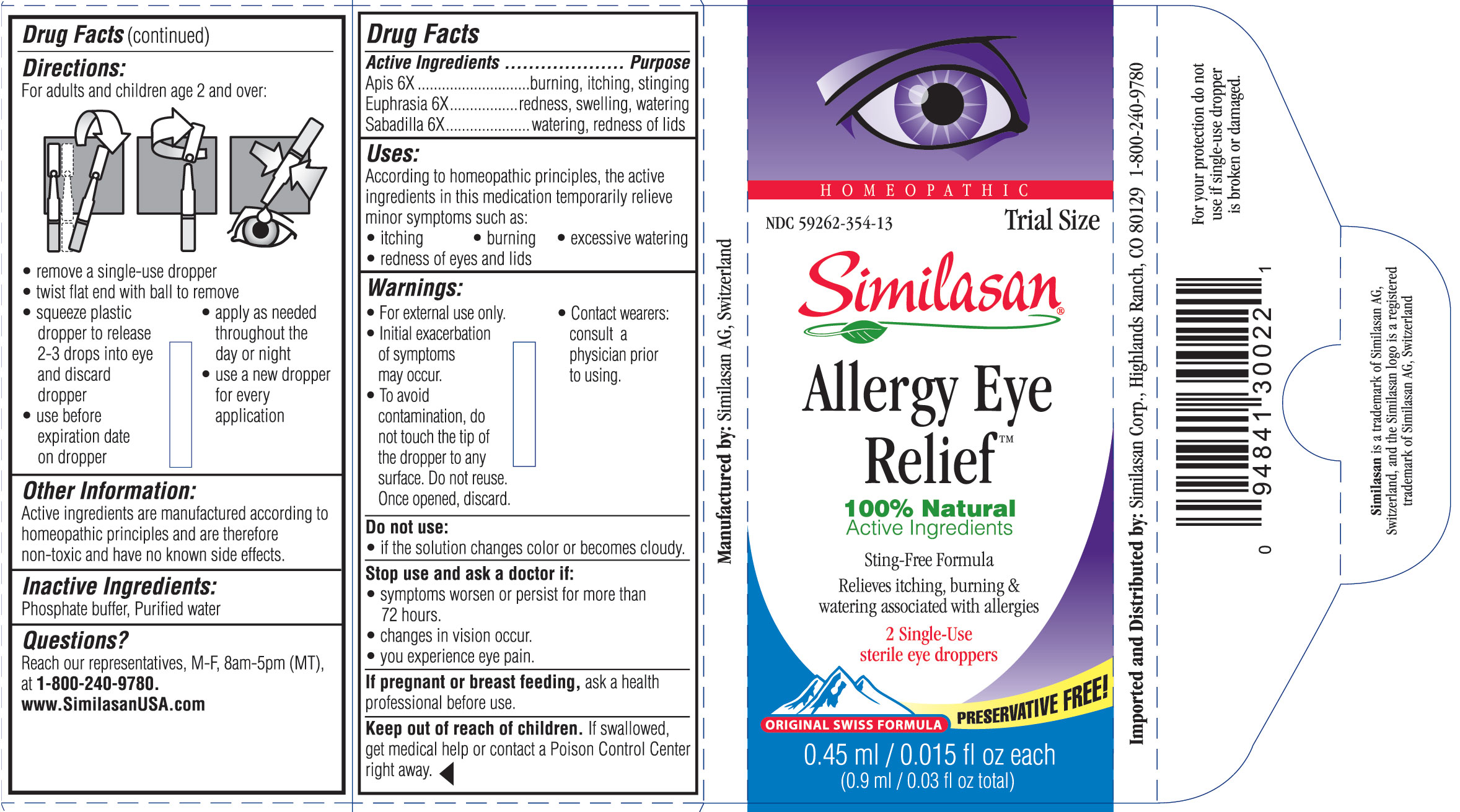 Homeopathic NDC 59262-354-13 Similasan Allergy Eye Relief 2 Single-Use sterile eye droppers