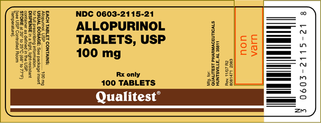 This is an image of the label for Allopurinol Tablets, USP 100 mg.