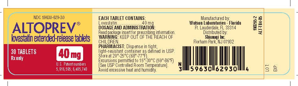 NDC 59630-629-30 ALTOPREV® lovastatin extended-release tablets 30 TABLETS 40 mg Rx only U.S. Patent numbers 5,916,595; 6,485,748