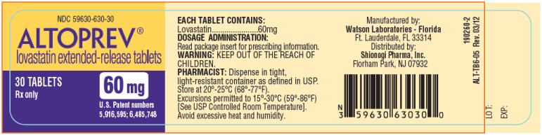 NDC 59630-630-30 ALTOPREV® lovastatin extended-release tablets 30 TABLETS 60 mg Rx only U.S. Patent numbers 5,916,595; 6,485,748
