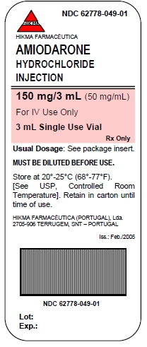 NDC 62778-049-01 AMIODARONE HYDROCHLORIDE INJECTION 150 mg/3 mL (50 mg/mL) For IV Use Only 3 mL Single Use Vial Rx Only