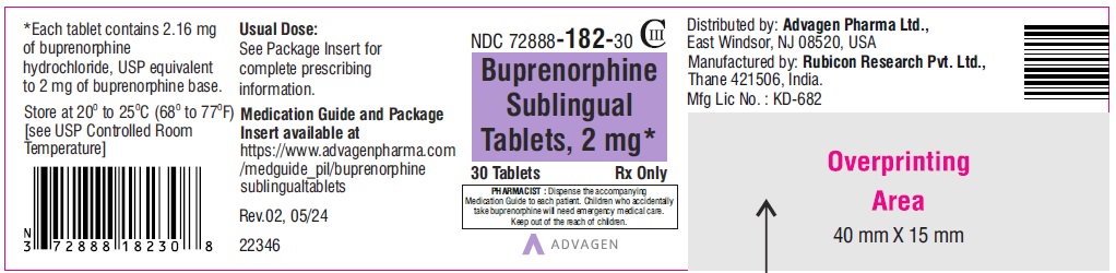 Buprenorphine sublingual tablets 2 mg  - NDC 72888-182-30 - 30 Tablets Label