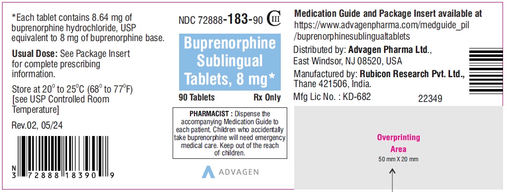 Buprenorphine sublingual tablets 8 mg  - NDC 72888-183-90 - 90 Tablets Label