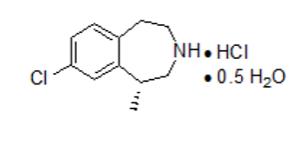 The structural formula for BELVIQ XR (lorcaserin hydrochloride) extended-release tablets for oral use is a serotonin 2C receptor agonist for oral administration used for chronic weight management.  Its chemical name is (R)-8-chloro-1-methyl-2,3,4,5-tetrahydro-1H-3-benzazepine hydrochloride hemihydrate.  The empirical formula is C11H15Cl2N•0.5H2O, and the molecular weight of the hemihydrate form is 241.16 g/mol. 