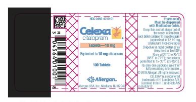 NDC 0456-4010-01
Celexa
citalopram
Tablets – 10 mg
Equivalent to 10 mg citalopram
100 Tablets
