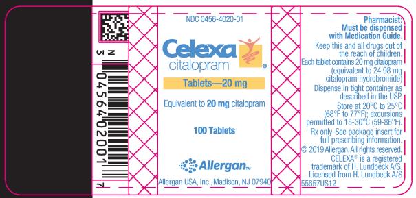 PRINCIPAL DISPLAY PANEL
NDC 0456-4020-01
Celexa
citalopram
Tablets – 20 mg
Equivalent to 20 mg citalopram
100 Tablets
