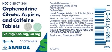 Orphenadrine Citrate, Aspirin, and Caffeine 25 mg/385 mg/30 mg Label