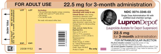 NDC 0074-3346-03 
FOR ADULT USE 
22.5 mg for 3-month administration 
Single Dose Administration Kit with prefilled dual-chamber syringe. 
LupronDepot®
(Leuprolide Acetate for Depot Suspension) 
22.5 mg for 3-month administration 
FOR INTRAMUSCULAR INJECTION 
The front chamber contains: leuprolide acetate 22.5 mg 
• polylactic acid 198.6 mg • D-mannitol 38.9 mg 
The second chamber contains: carboxymethylcellulose sodium 7.5 mg 
• D-mannitol 75.0 mg • polysorbate 80 1.5 mg • water for injection, USP, 
and glacial acetic acid, USP to control pH 
Rx only 
