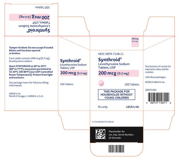 NDC 0074-7148-11 
Synthroid®
Levothyroxine Sodium Tablets, USP 
200 mcg (0.2 mg) 
100 Tablets 
THIS PACKAGE FOR HOUSEHOLDS WITHOUT YOUNG CHILDREN 
Rx only abbvie 

