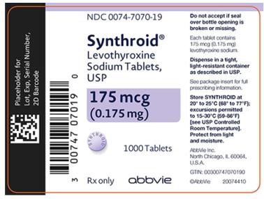 NDC 0074-7070-19 
Synthroid®
Levothyroxine Sodium Tablets, USP 
175 mcg (0.175 mg) 
1000 Tablets 
Rx only abbvie 
