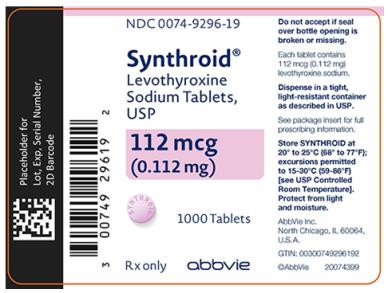 NDC 0074-9296-19 
Synthroid®
Levothyroxine Sodium Tablets, USP 
112 mcg (0.112 mg) 
1000 Tablets 
Rx only abbvie 
