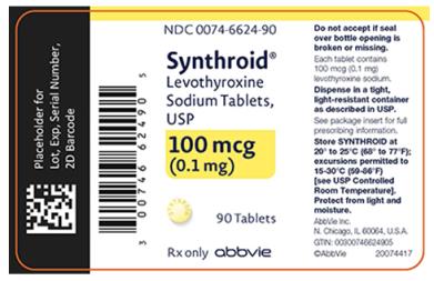 NDC 0074-6624-90 
Synthroid®
Levothyroxine 
Sodium Tablets, 
USP 
100 mcg 
(0.1 mg) 
90 Tablets 
Rx only abbvie 
