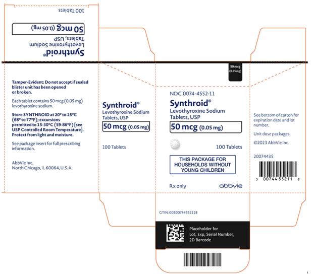 NDC 0074-4552-11 
Synthroid®
Levothyroxine Sodium 
Tablets, USP 
50 mcg (0.05 mg) 
100 Tablets 
THIS PACKAGE FOR
HOUSEHOLDS WITHOUT 
YOUNG CHILDREN 
Rx only abbvie 
